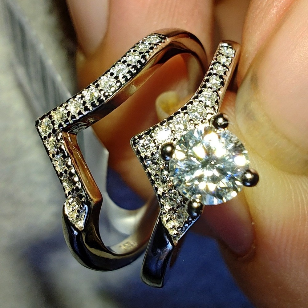 Ring Set Genuine Moissanite 925 Sterling Silver Rhodium Plate 0.56CT VVS D-Color